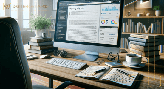 Blogiartikkelille tehdään sisällön optimointia toimistossa